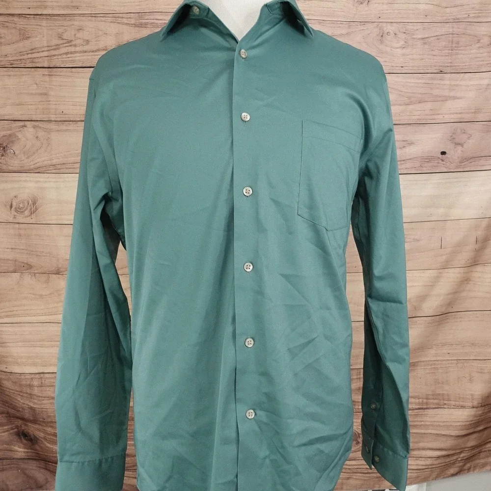 Van Heusen Wrinkle Free Dress Shirt Mens 16.5 34/35 L Regular Fit Green Stretch